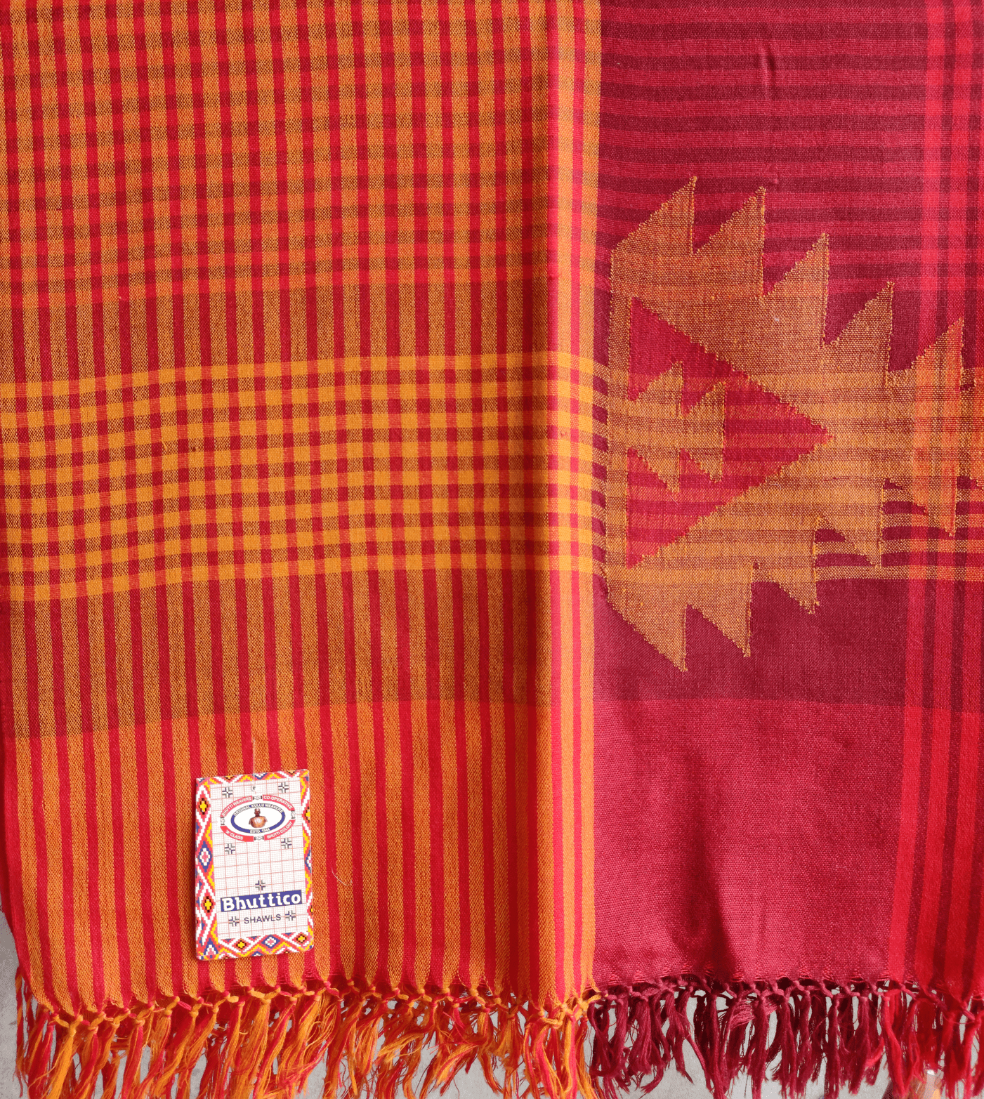 Hand Woven Pure Merino Wool Kullu Shawl (Red+Yellow)