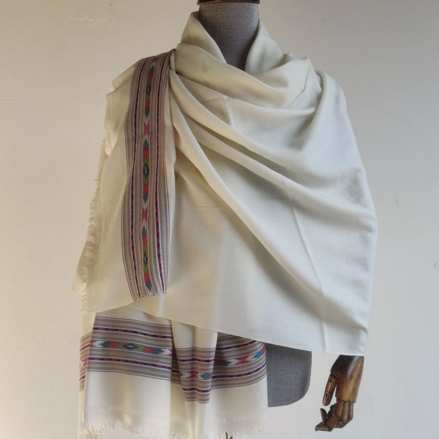 Hand Woven Pure Merino Wool Kullu Patti Shawl for Men- White (Loi)