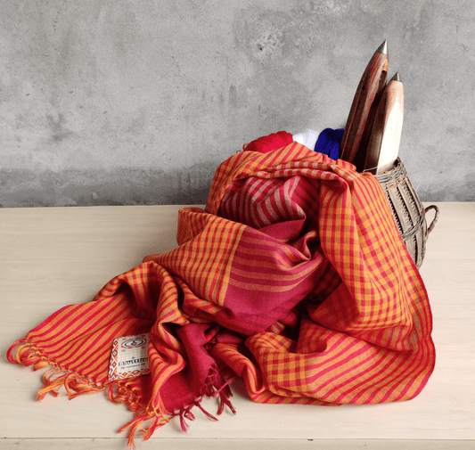 Hand Woven Pure Merino Wool Kullu Shawl (Red+Yellow)