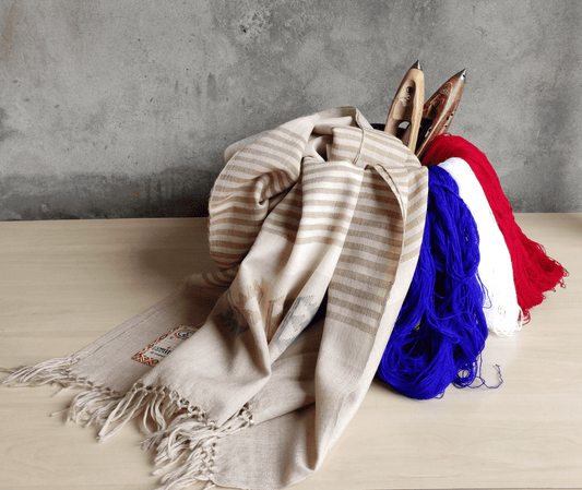 Hand Woven Pure Merino Wool Kullu Shawl (Beas-012) FAWN