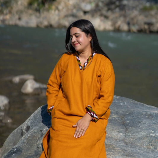 Mustard Merino Wool Himachali Pheran with Kullu Patti Border – Handcrafted Winterwear