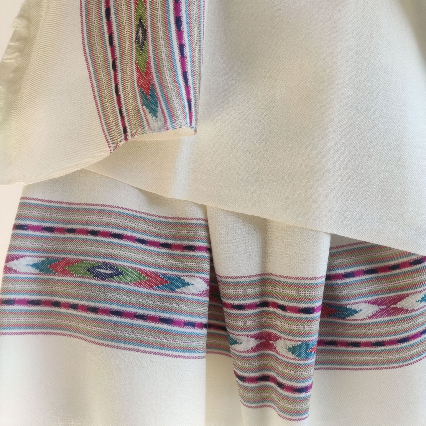 Hand Woven Pure Merino Wool Kullu Patti Shawl for Men- White (Loi)