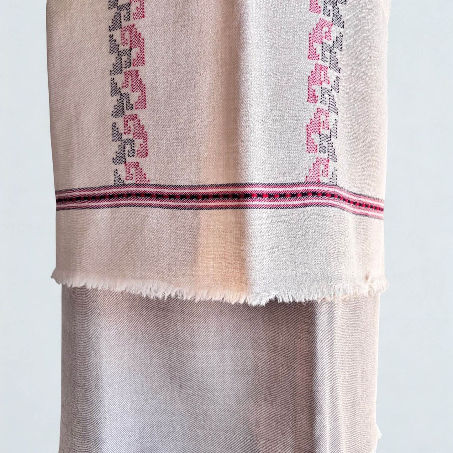 Closeup view of Bhuttico handwoven beige Merino woolen suit set for women