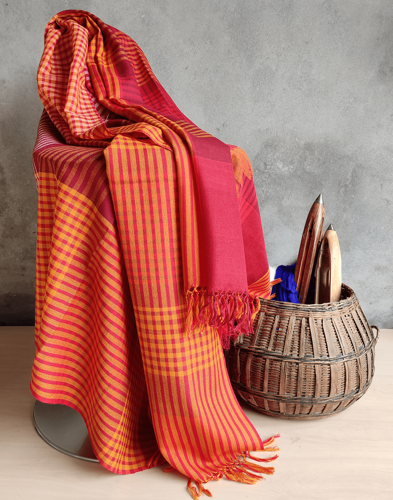 Hand Woven Pure Merino Wool Kullu Shawl (Red+Yellow)