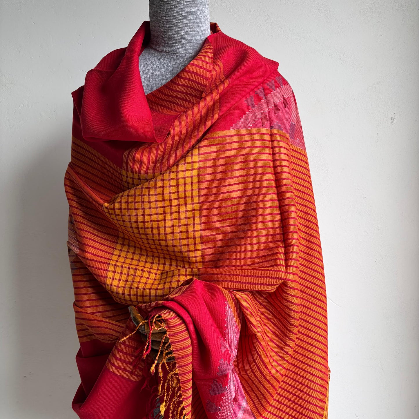 Handloom Pure Merino Wool Shawl (Red and Mustard)