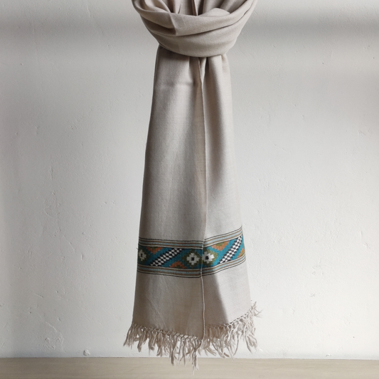Hand Woven Pure Merino Wool Kullu Shawl-Beige