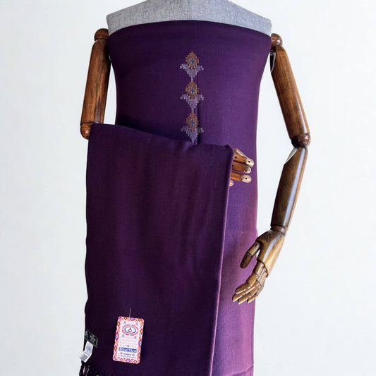 Front view of Bhuttico handwoven plum Merino woolen suit set for women