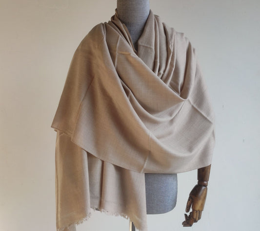 Hand Woven Pure Merino Wool Kullu Shawl for Men- Beige (Loi)
