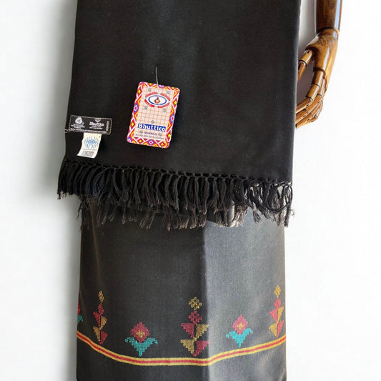 Front view of Bhuttico handwoven black polywool suit set for women