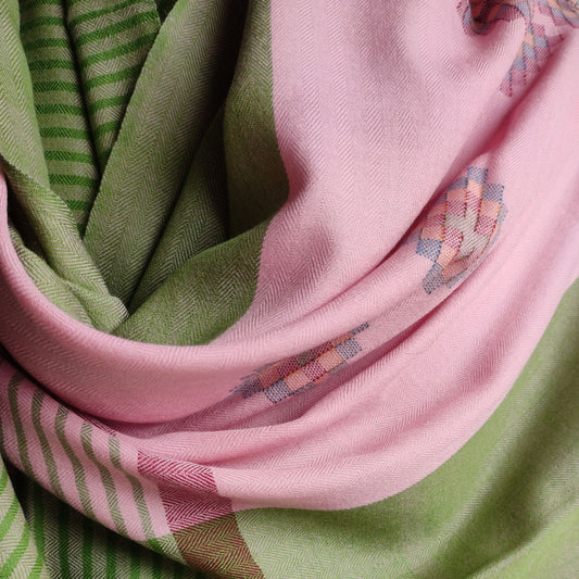 Hand Woven Pure Merino Wool Kullu Shawl- Grey and Green