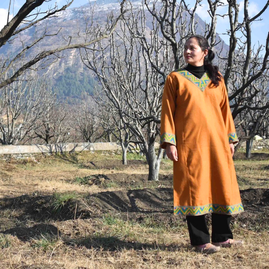 Mustard Merino Wool Himachali Pheran with Kullvi Topi Border