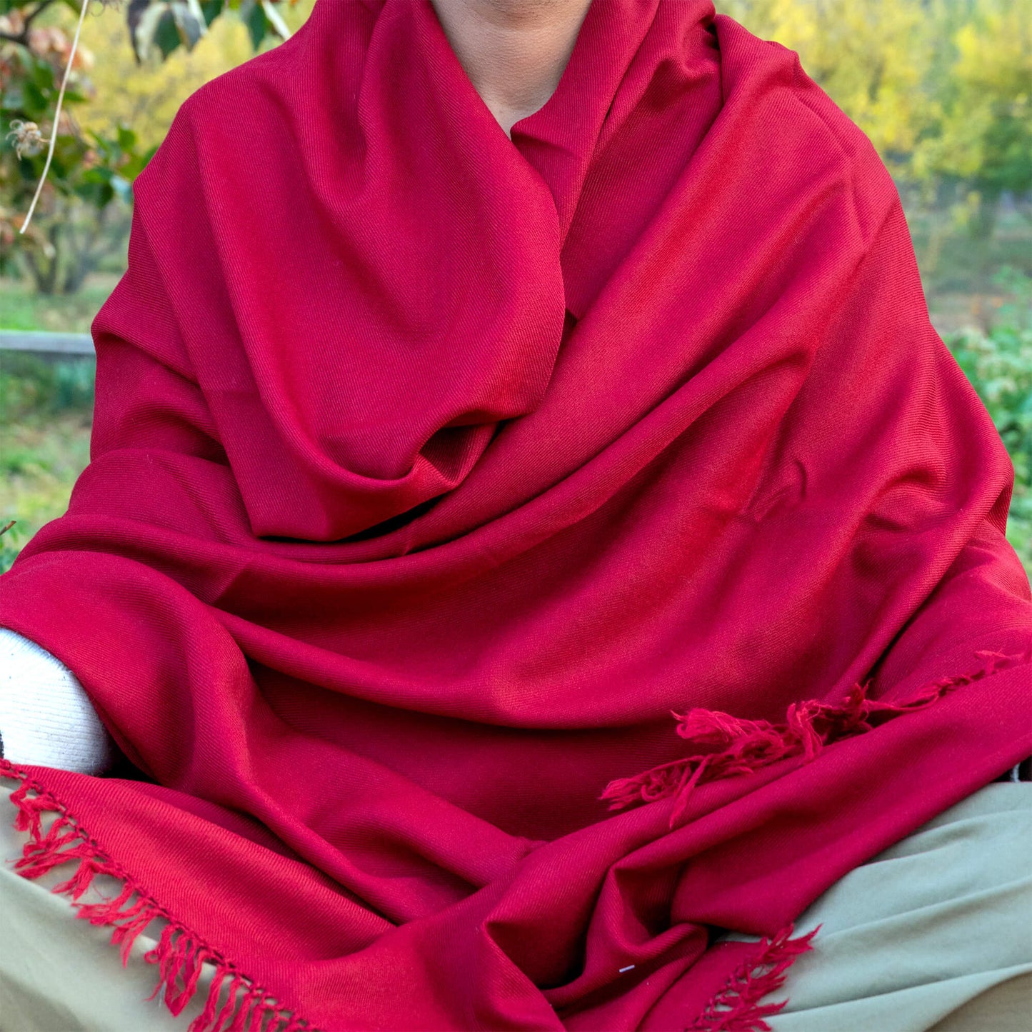 close up of maroon meditation shawl