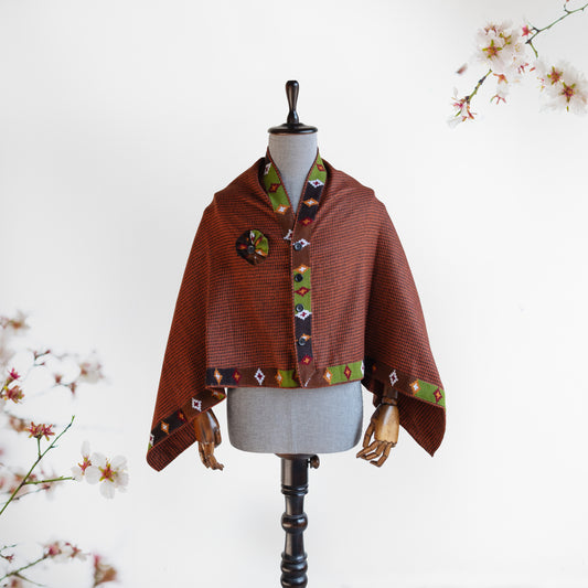 Rust Woolen Cape for Women With Kullu Patti Border