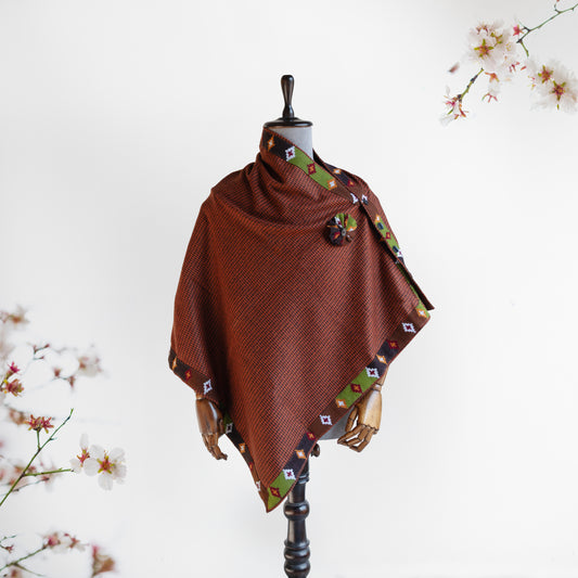 Rust Woolen Cape for Women With Kullu Patti Border