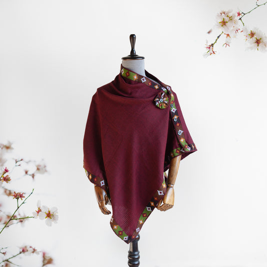 Honeycomb Maroon Woolen Cape for Women With Kullu Patti Border
