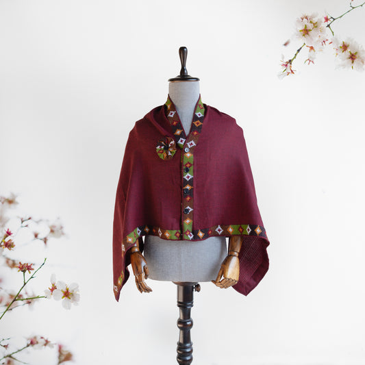 Honeycomb Maroon Woolen Cape for Women With Kullu Patti Border