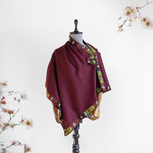 Maroon Woolen Cape for Women With Kullu Patti Border