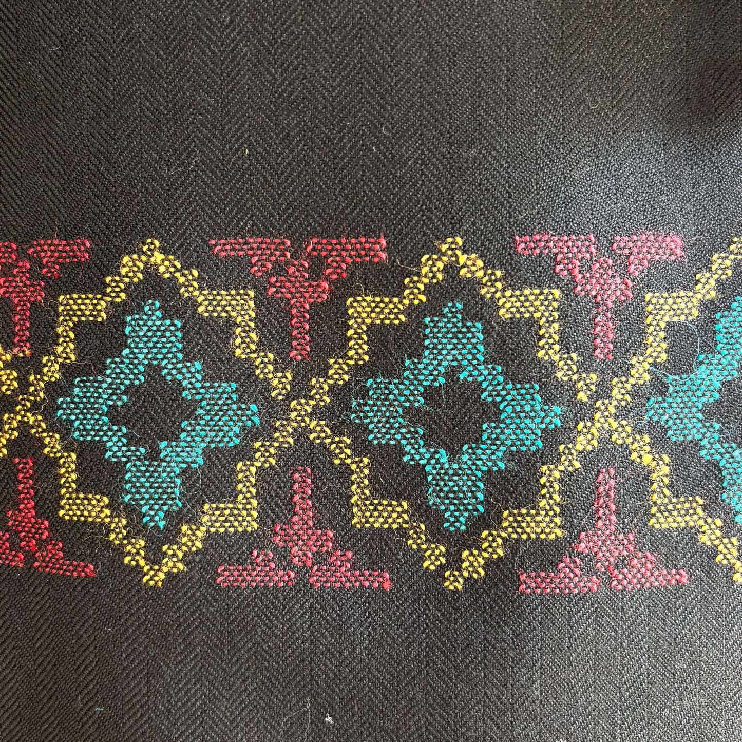 Close-up of design in black polywool from Bhuttico handloom suit set with design detail