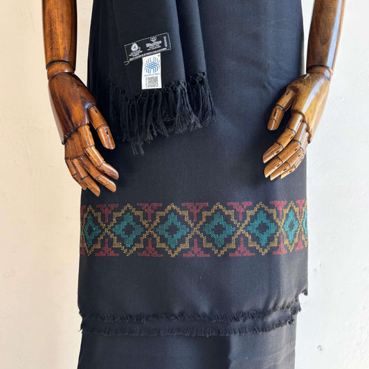 Front view of Bhuttico handwoven black polywool suit set with unique winter design for women