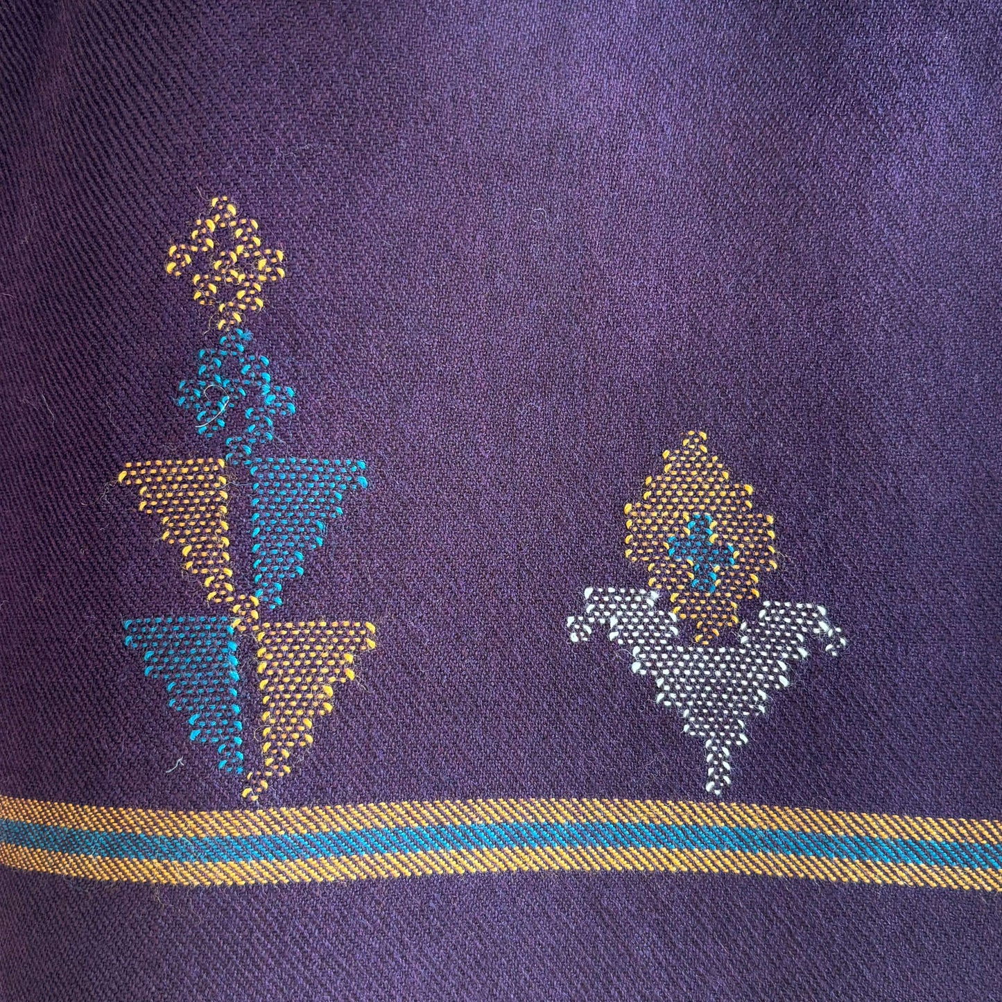 Close-up of motifs in plum Merino wool from Bhuttico handloom suit set