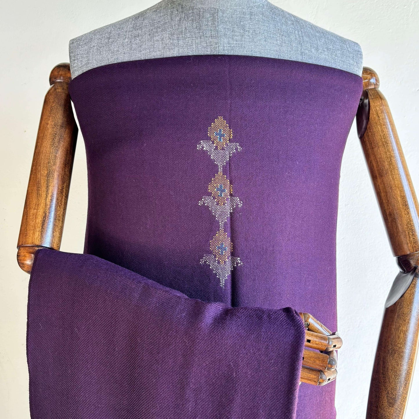 Close-up of matching stole in plum Merino wool from Bhuttico handloom suit set