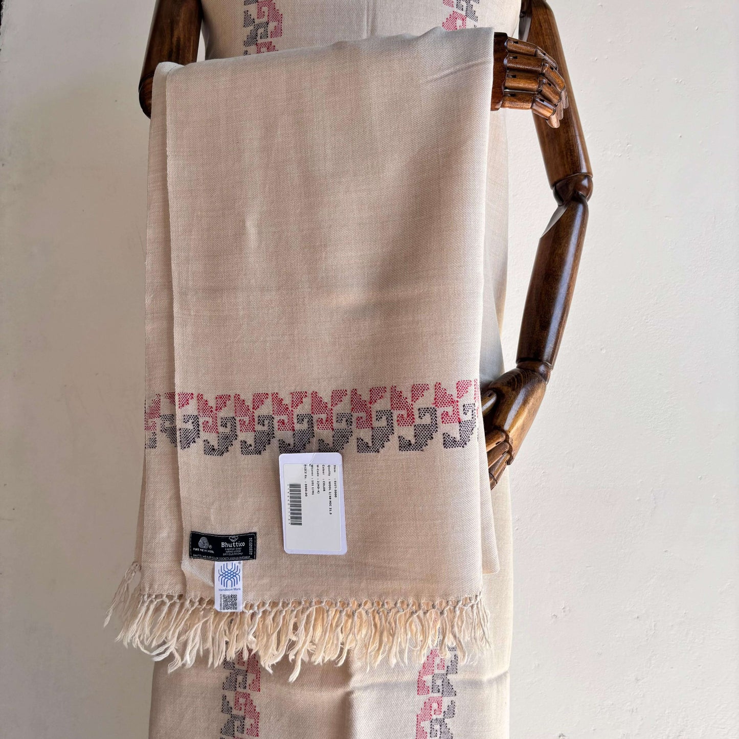 Front view of Bhuttico handwoven beige Merino woolen suit set for women