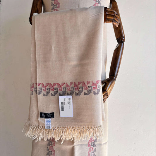 Front view of Bhuttico handwoven beige Merino woolen suit set for women