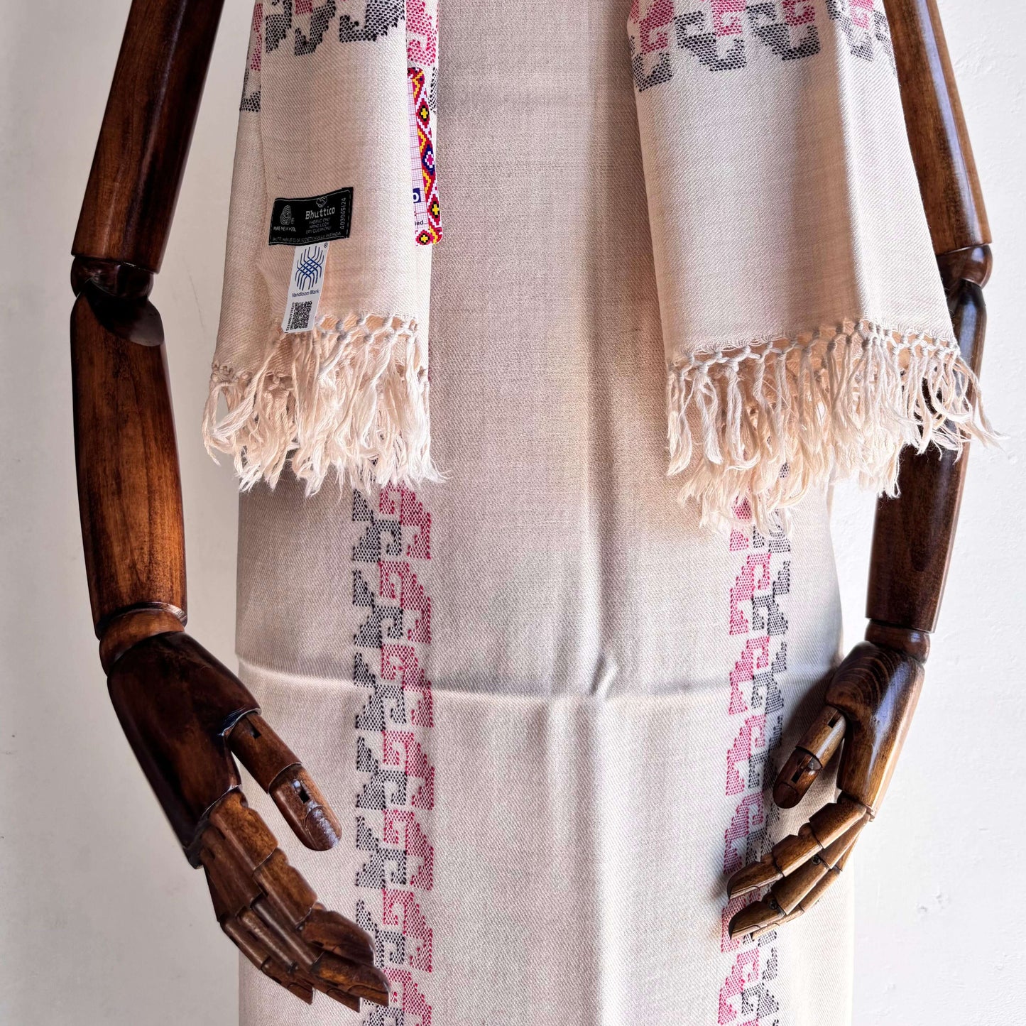 Close-up of matching stole in beige Merino wool from Bhuttico handloom suit set