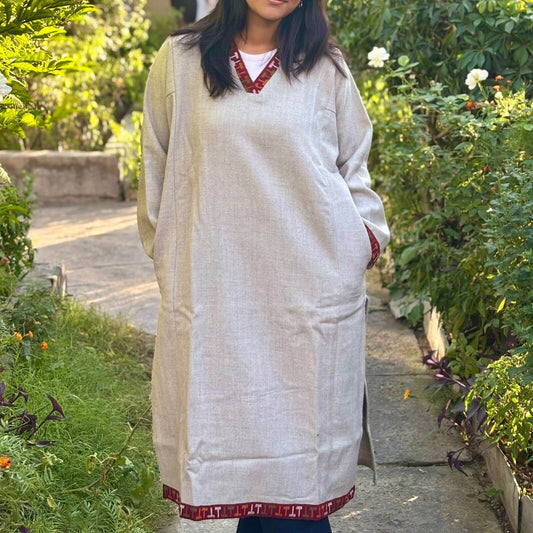 Grey Merino Wool Himachali Pheran with Kullu Patti Border – Handcrafted Warm Wear
