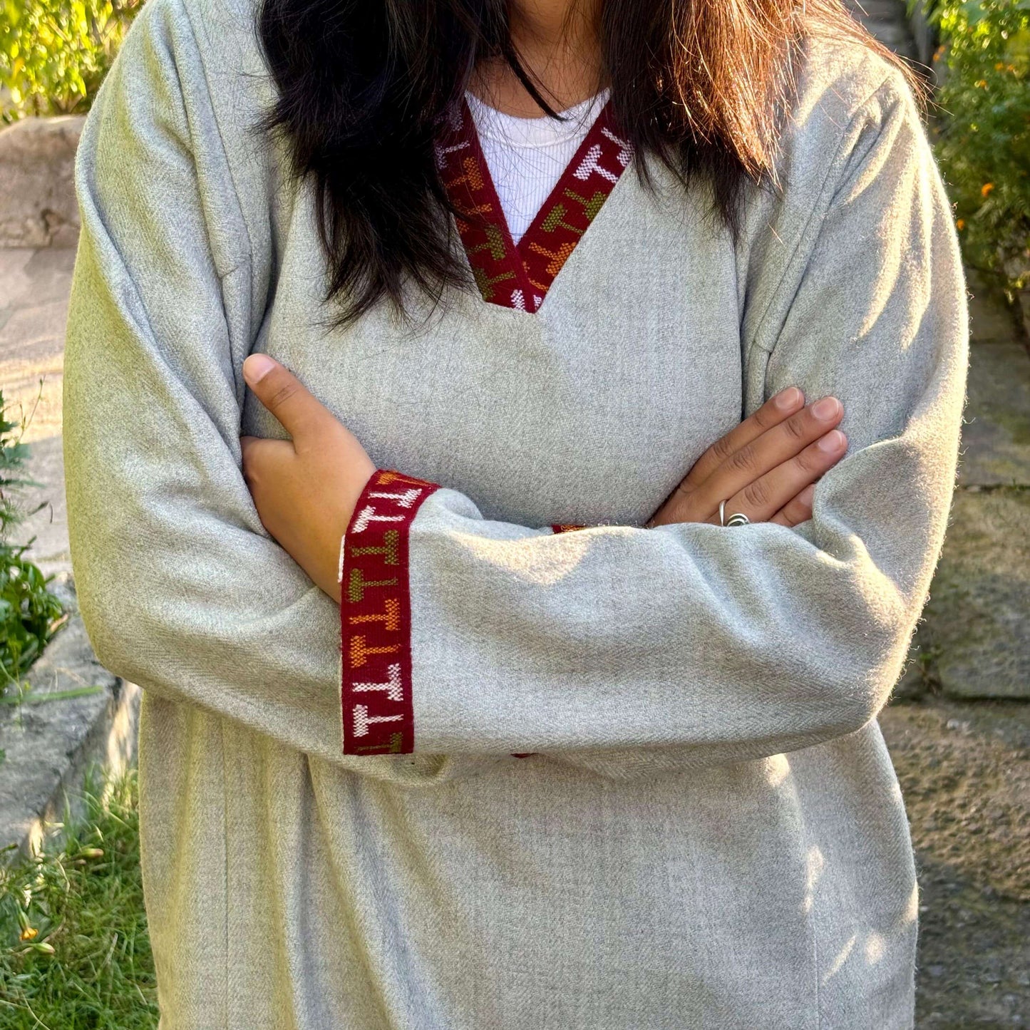 Grey Merino Wool Himachali Pheran with Kullu Patti Border – Handcrafted Warm Wear