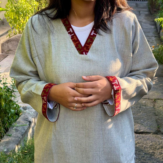 Grey Merino Wool Himachali Pheran with Kullu Patti Border – Handcrafted Warm Wear