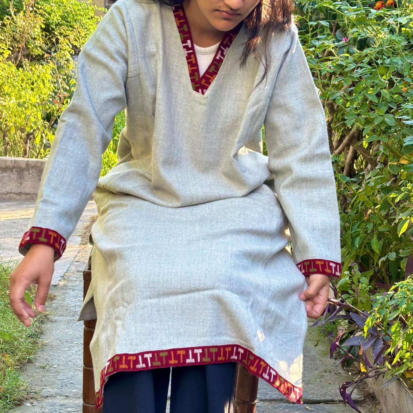 Grey Merino Wool Himachali Pheran with Kullu Patti Border – Handcrafted Warm Wear