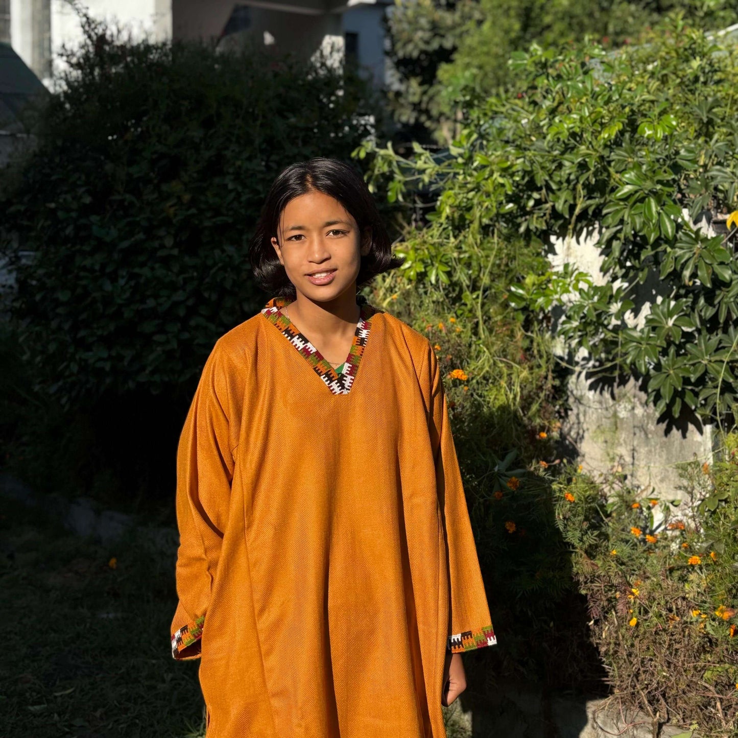 Mustard Merino Wool Himachali Pheran with Kullu Patti Border – Handcrafted Winterwear