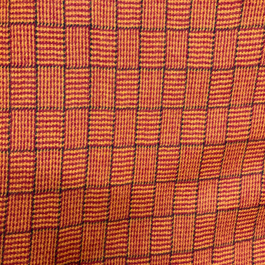 Pure Merino Wool Basket Weave Check Fabric - Mustard & Maroon
