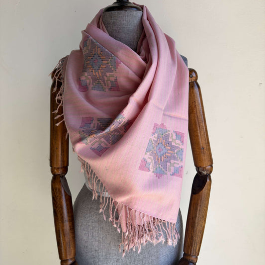 Hand Woven Pure Merino Wool Kullu Stole- Rose Pink