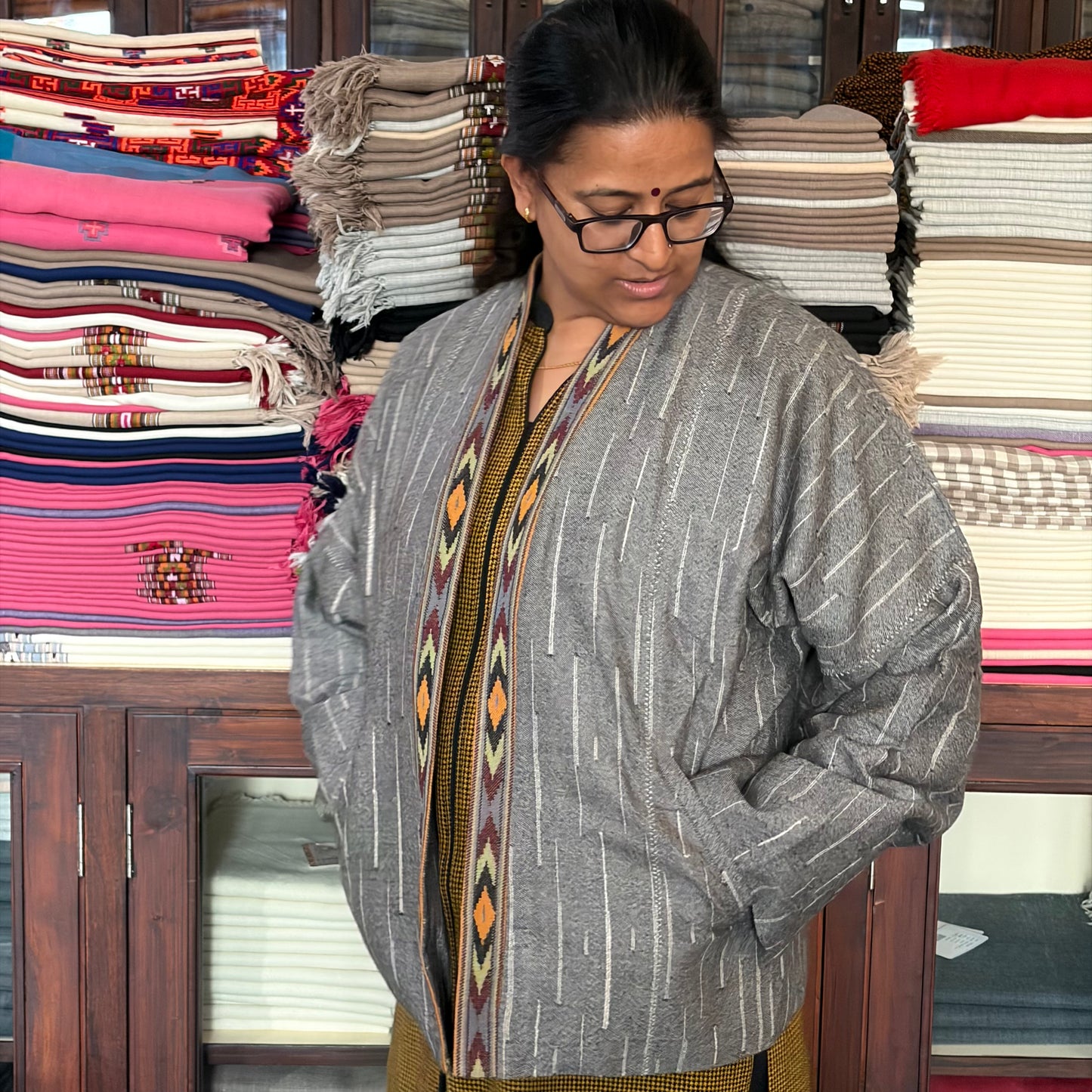 Women jacket with Kullu Border - Grey