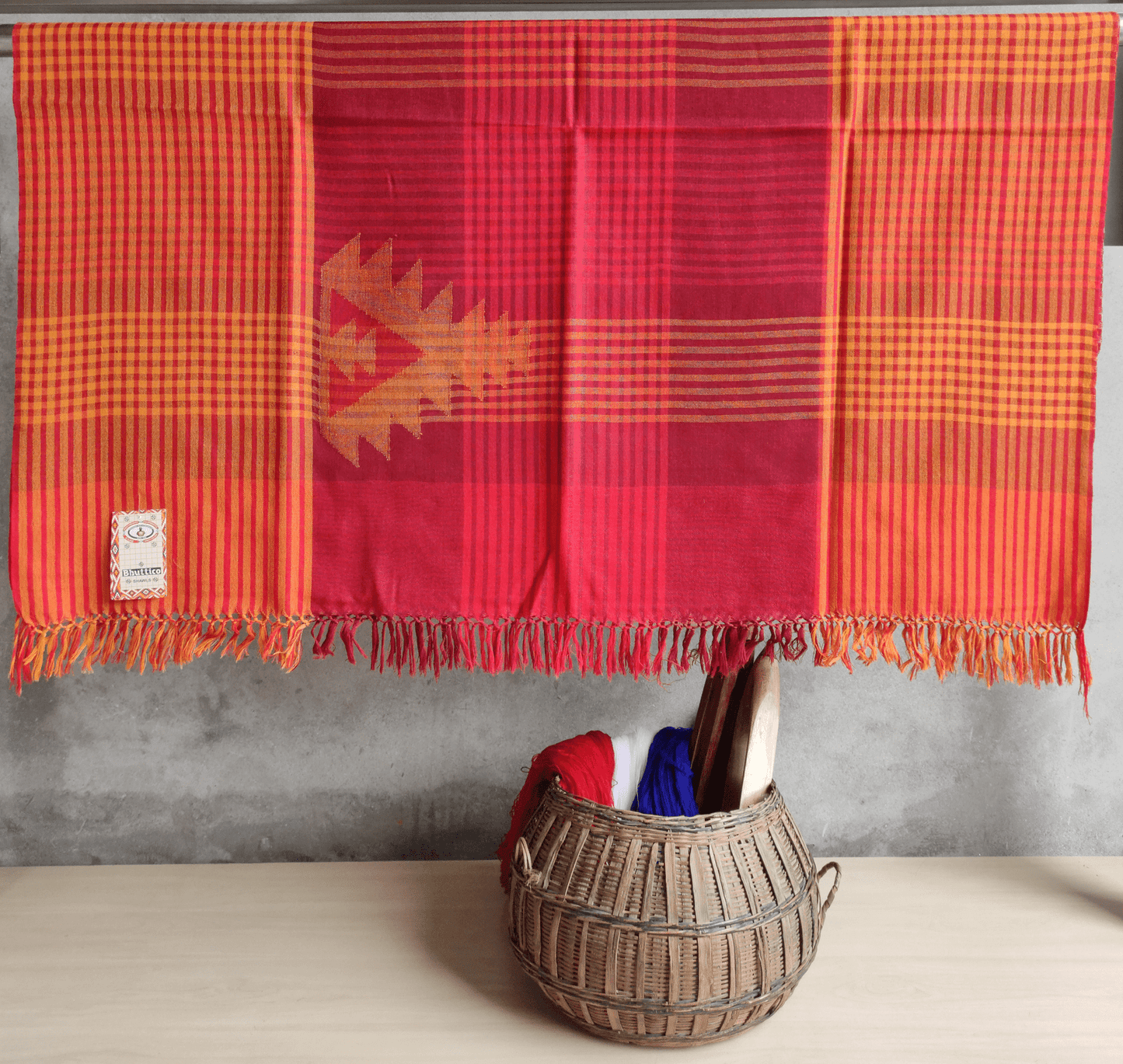 Hand Woven Pure Merino Wool Kullu Shawl (Red+Yellow)