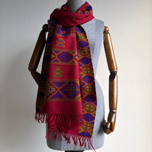 Hand Woven Pure Merino Wool Kullu Stole Kinnauri Design Marron