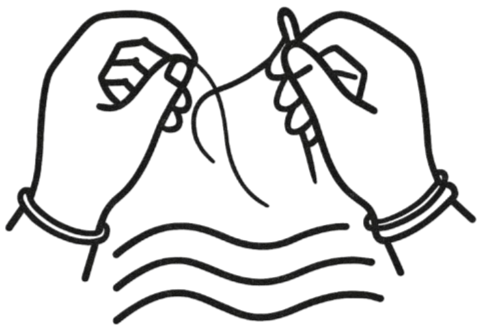 Illustration of hands holding a needle and thread with water at the bottom