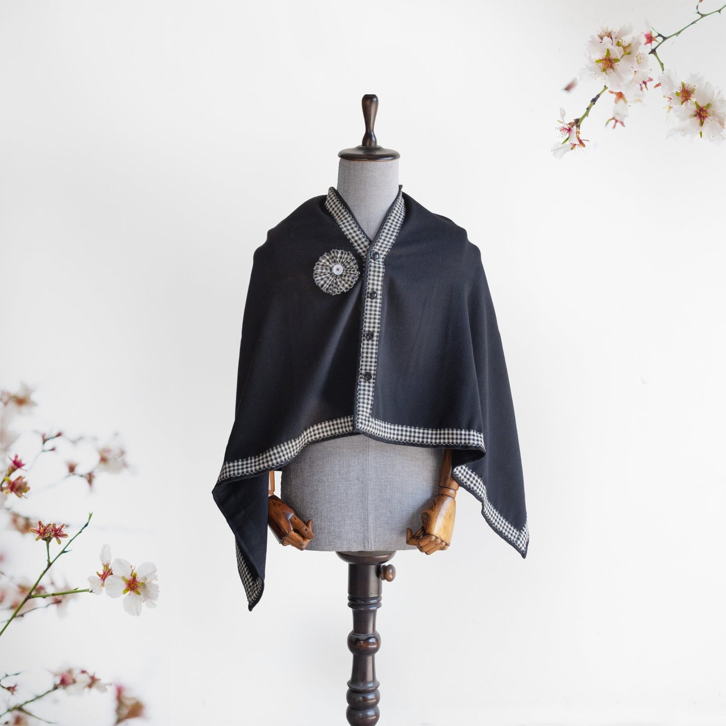 Black Woolen Cape for Women with Check Border - Bhuttico Shawls