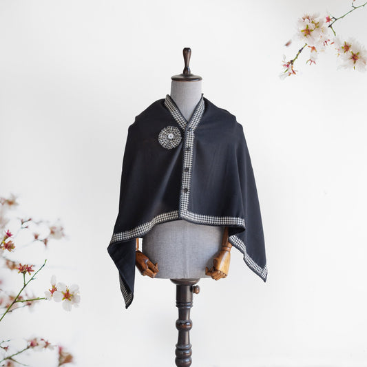Black Woolen Cape for Women with Check Border - Bhuttico Shawls