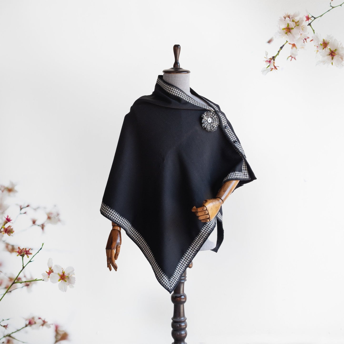 Black Woolen Cape for Women with Check Border - Bhuttico Shawls
