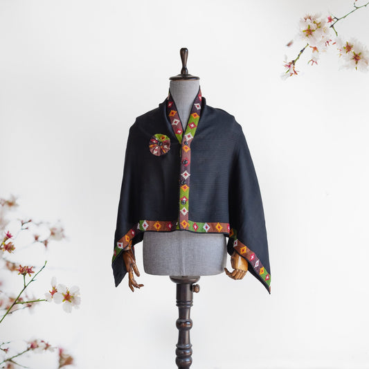 Black Woolen Kullu Patti Cape for Women - Bhuttico Shawls