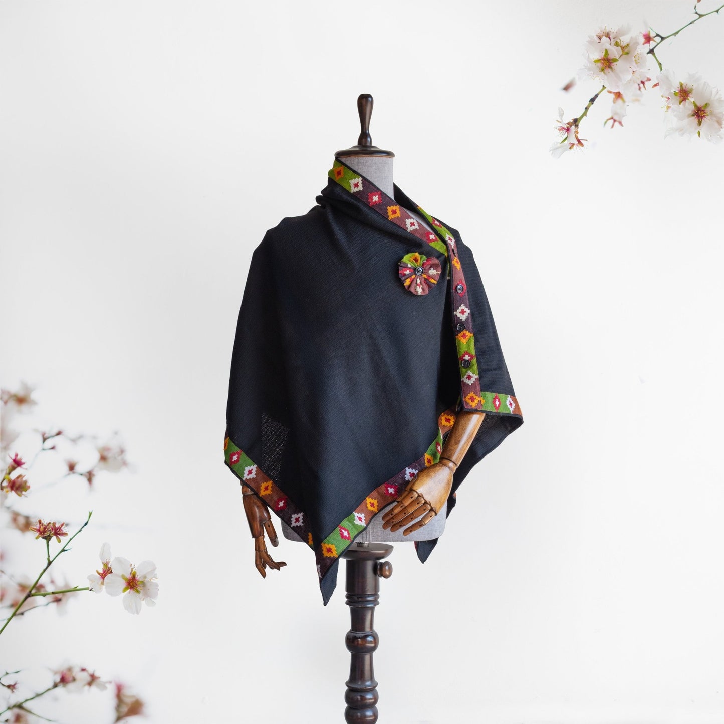 Black Woolen Kullu Patti Cape for Women - Bhuttico Shawls