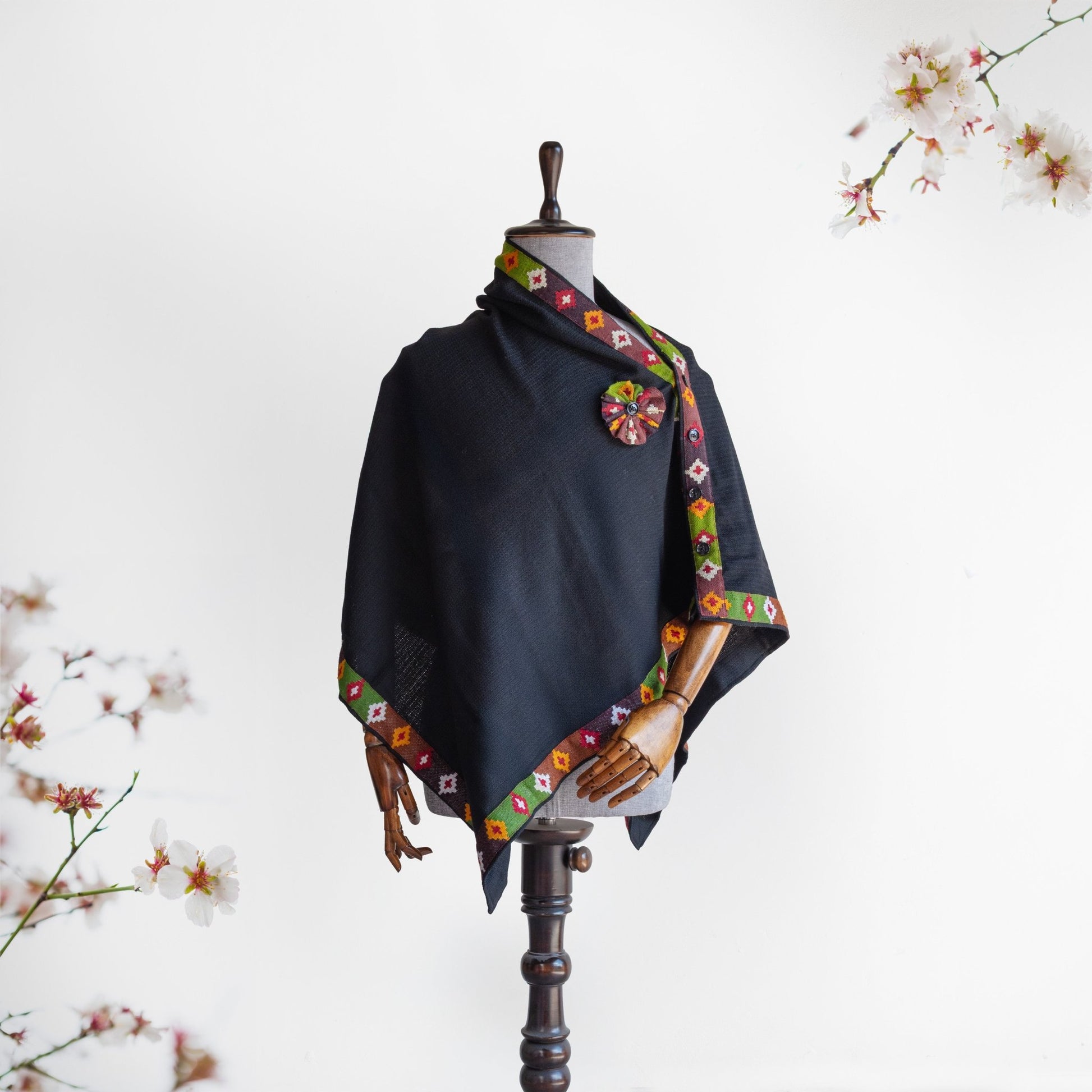 Black Woolen Kullu Patti Cape for Women - Bhuttico Shawls