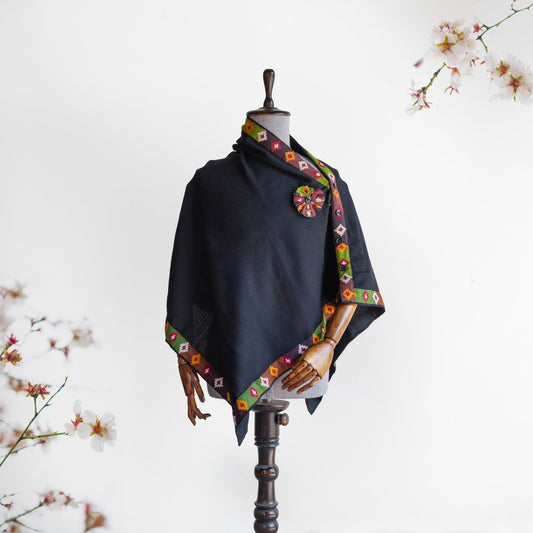 Black Woolen Kullu Patti Cape for Women - Bhuttico Shawls