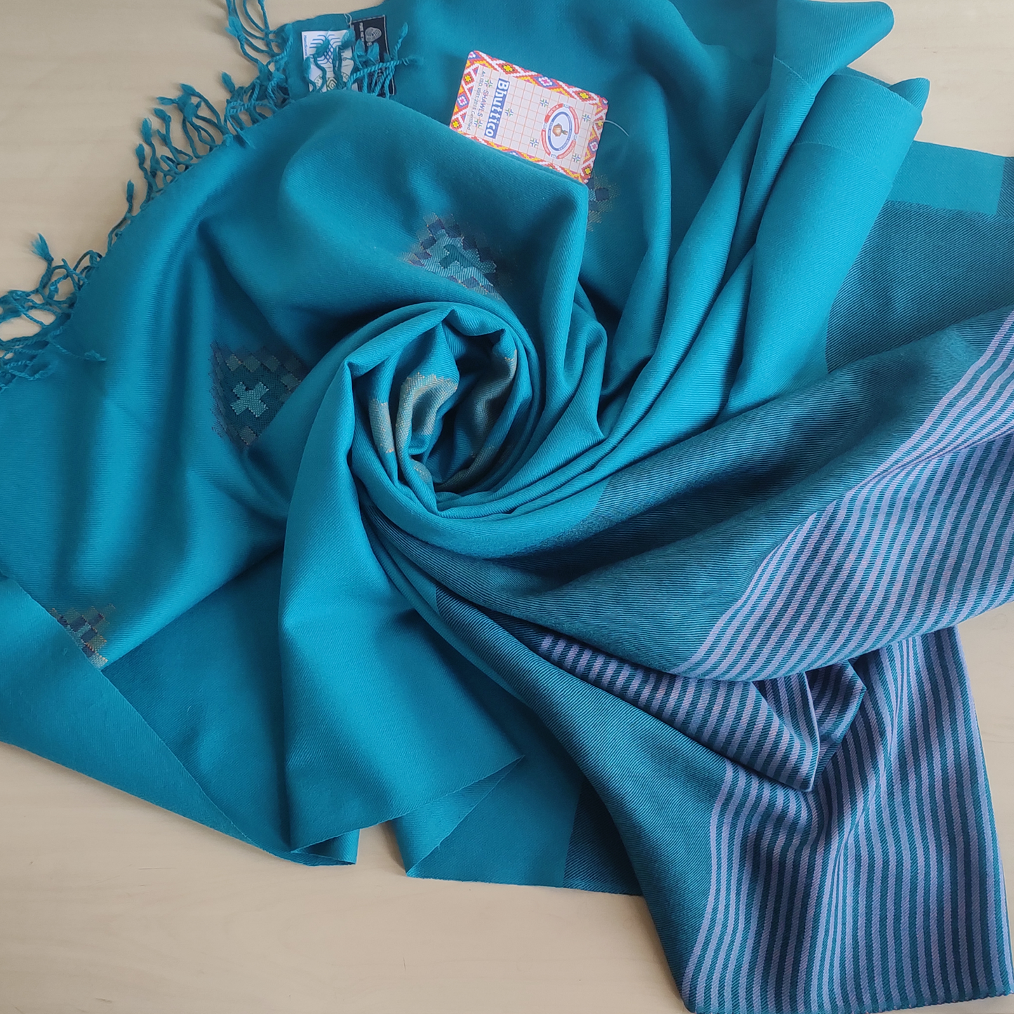Hand Woven Pure Merino Wool Kullu Shawl-Blue
