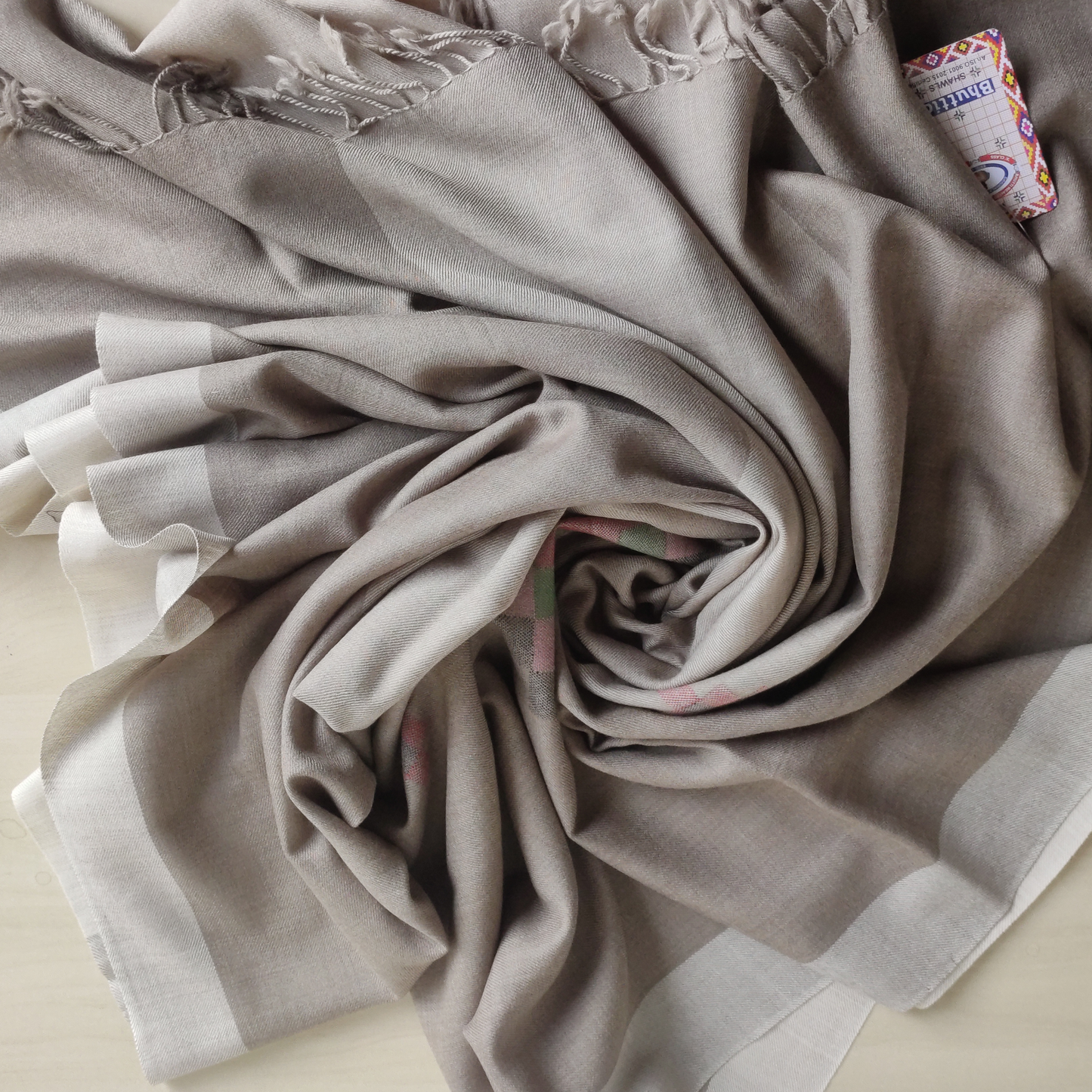 Hand Woven Pure Merino Wool Kullu Shawl-Beige