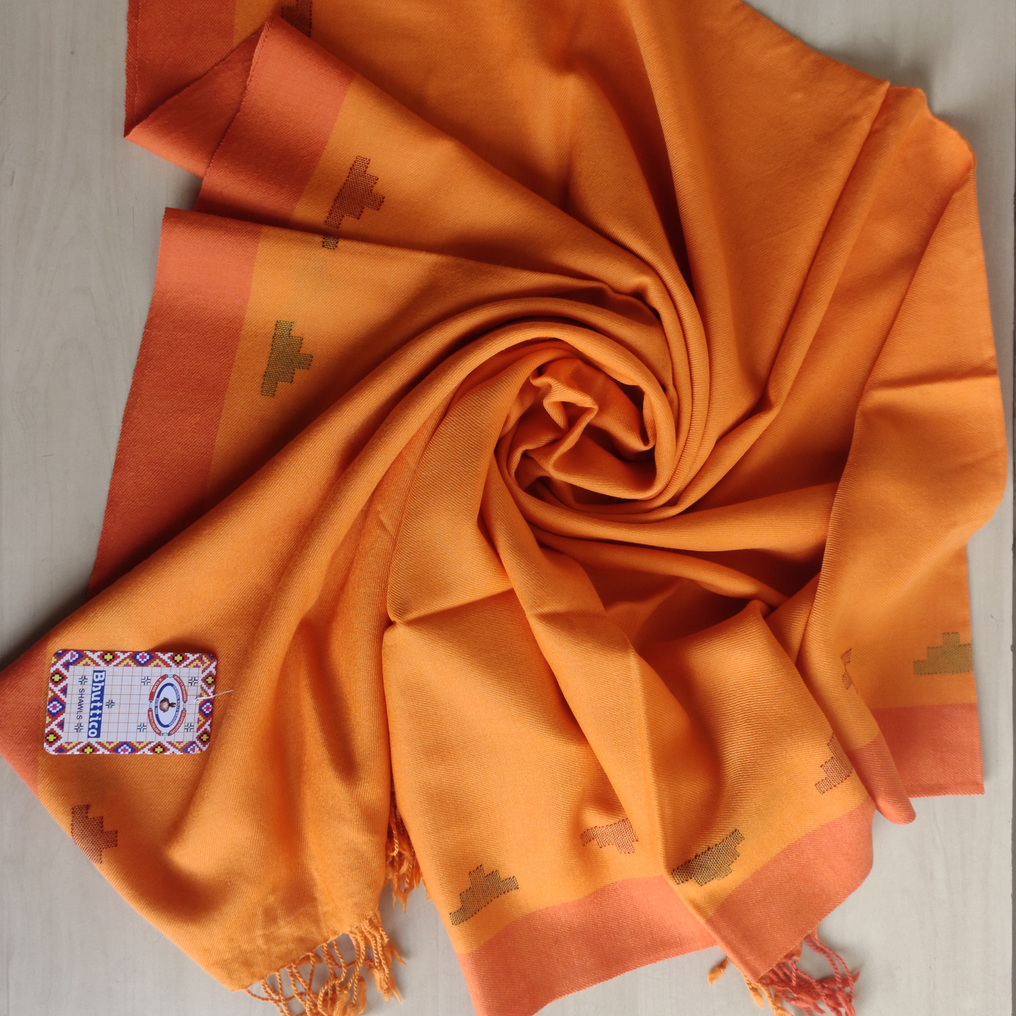 Hand Woven Pure Merino Wool Kullu Shawl-Orange