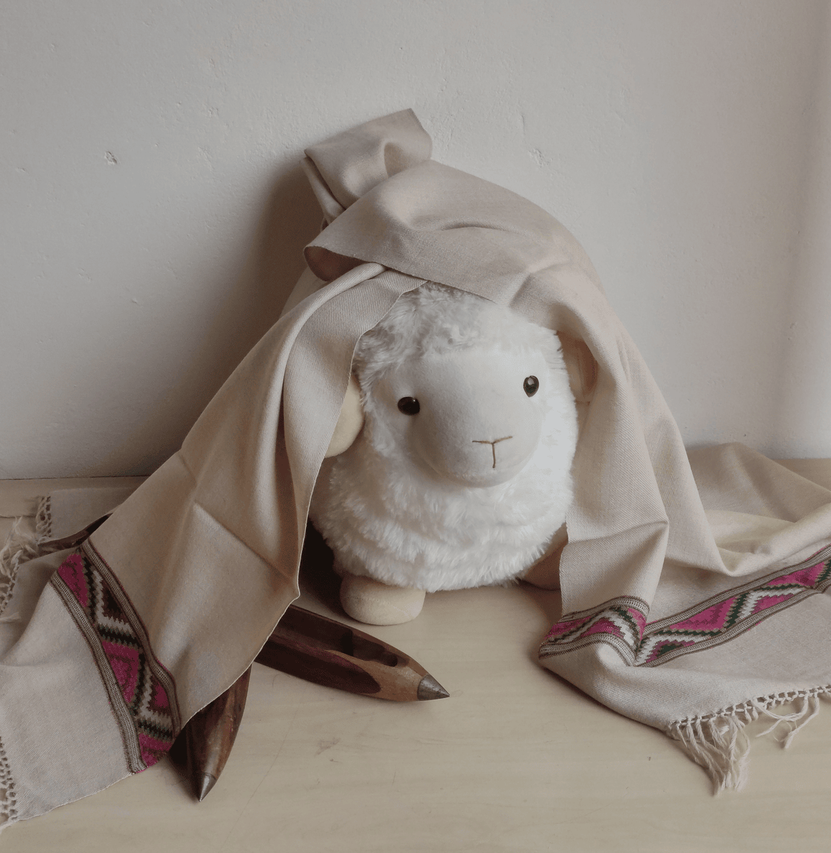 Hand Woven Merino Wool Kullu Stole - Beige2 - Bhuttico Shawls